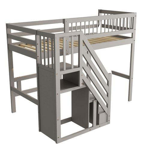 Lit Mezzanine 90*200cm-escalier Avec Meuble De Rangement-lit Enfant, Lit Adolescent-gris