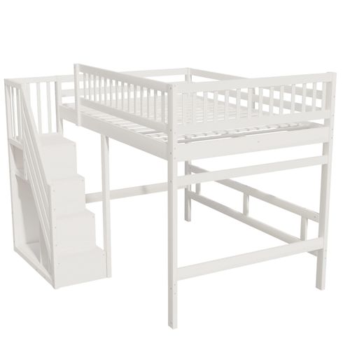 Lit Mezzanine 140*200cm-en Bois Massif-escalier Avec Placard De Rangement-lit Enfant-blanc