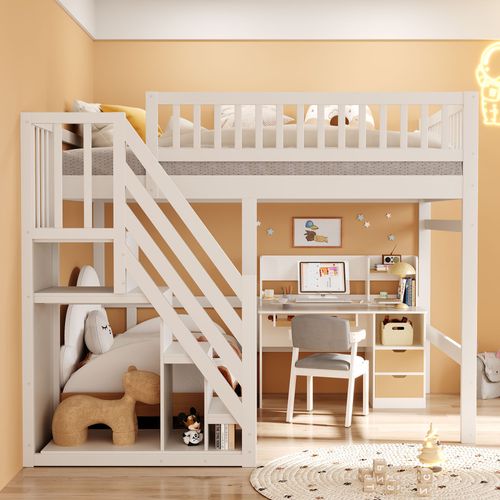 Lit Mezzanine 140*200cm-en Bois Massif-escalier Avec Placard De Rangement-lit Enfant-blanc