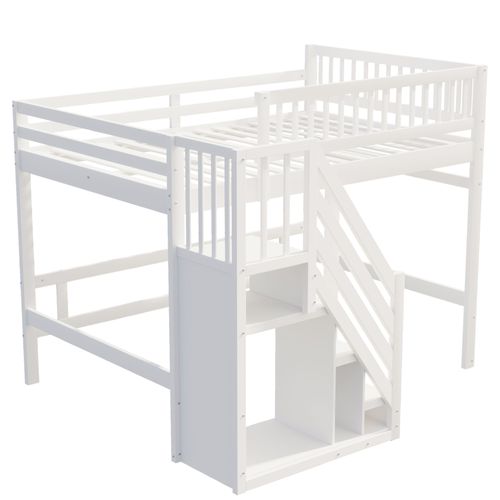 Lit Mezzanine 140*200cm-en Bois Massif-escalier Avec Placard De Rangement-lit Enfant-blanc
