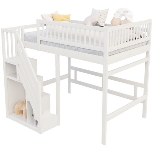 Lit Mezzanine 140*200cm-en Bois Massif-escalier Avec Placard De Rangement-lit Enfant-blanc