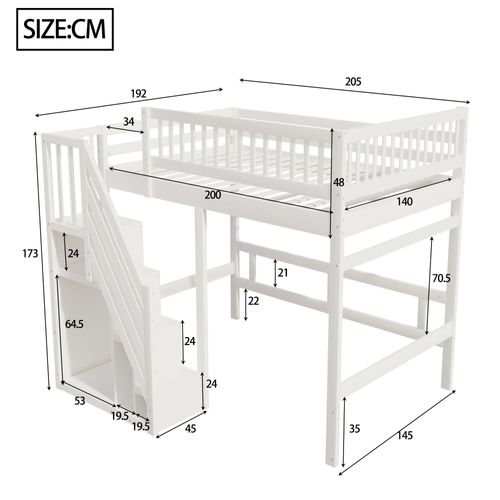 Lit Mezzanine 140*200cm-en Bois Massif-escalier Avec Placard De Rangement-lit Enfant-blanc
