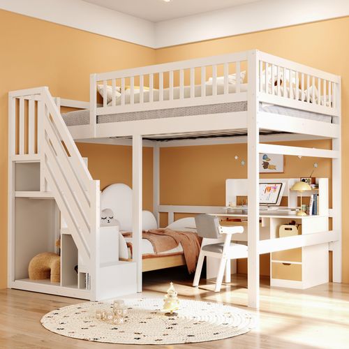 Lit Mezzanine 140*200cm-en Bois Massif-escalier Avec Placard De Rangement-lit Enfant-blanc