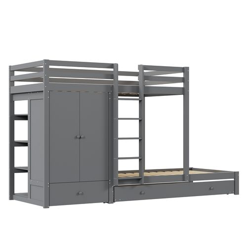 Lit Superposé 90*200 Avec Lit Gigogne-lit Enfant En Bois Massif Avec Armoire-gris