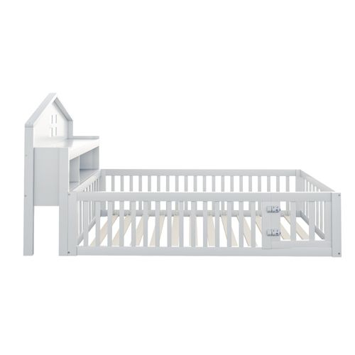 Lit Enfant 90x200cm-cadre De Lit En Bois Massif-barrière De Sécurité-étagères Et Rangements-blanc