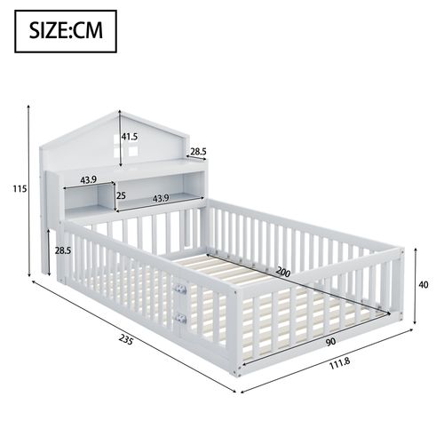Lit Enfant 90x200cm-cadre De Lit En Bois Massif-barrière De Sécurité-étagères Et Rangements-blanc