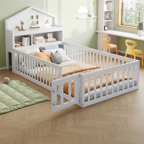 Lit Enfant 90x200cm-cadre De Lit En Bois Massif-barrière De Sécurité-étagères Et Rangements-blanc