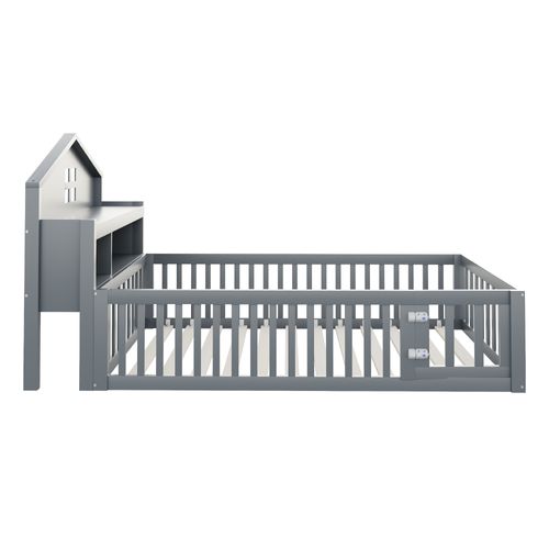 Lit Enfant 90x200cm-cadre De Lit En Bois Massif-barrière De Sécurité-étagères Et Rangements-gris