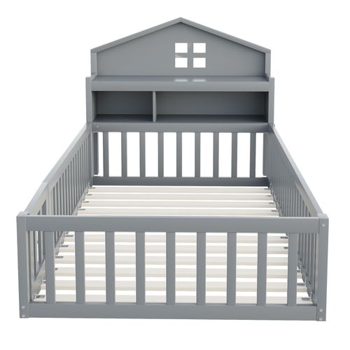 Lit Enfant 90x200cm-cadre De Lit En Bois Massif-barrière De Sécurité-étagères Et Rangements-gris
