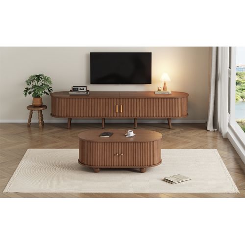 Table Basse-meuble TV De Salon Avec Espace De Rangement-2 Ensembles-noyer