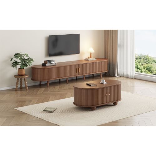 Table Basse-meuble TV De Salon Avec Espace De Rangement-2 Ensembles-noyer