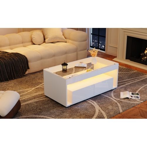 Table Basse 100*50*40cm-avec Éclairage LED-table De Canapé Rectangulaire-2 Grands Tiroirs-blanc
