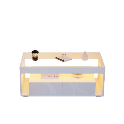 Table Basse 100*50*40cm-avec Éclairage LED-table De Canapé Rectangulaire-2 Grands Tiroirs-blanc