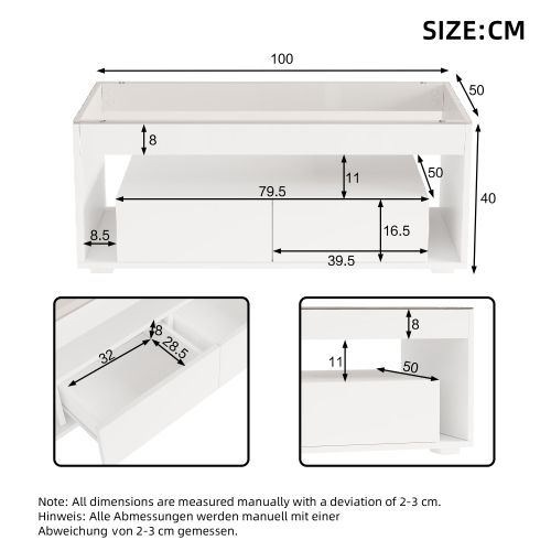 Table Basse 100*50*40cm-avec Éclairage LED-table De Canapé Rectangulaire-2 Grands Tiroirs-blanc