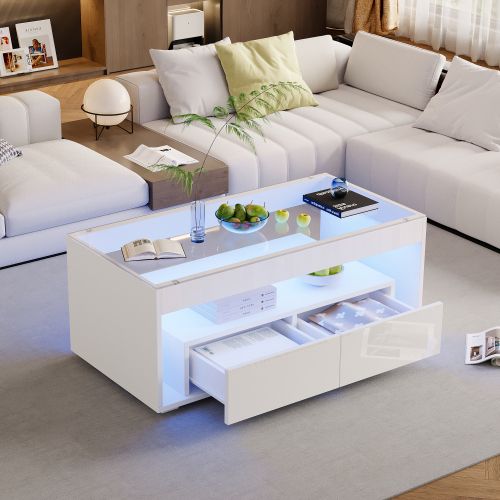 Table Basse 100*50*40cm-avec Éclairage LED-table De Canapé Rectangulaire-2 Grands Tiroirs-blanc
