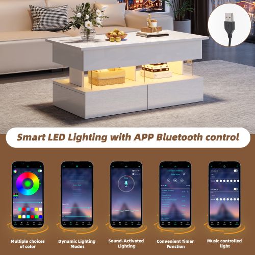 Table Basse Relevable-avec Plateau Réglable En Hauteur-table Brillante Avec LED-verre Trempé-blanc