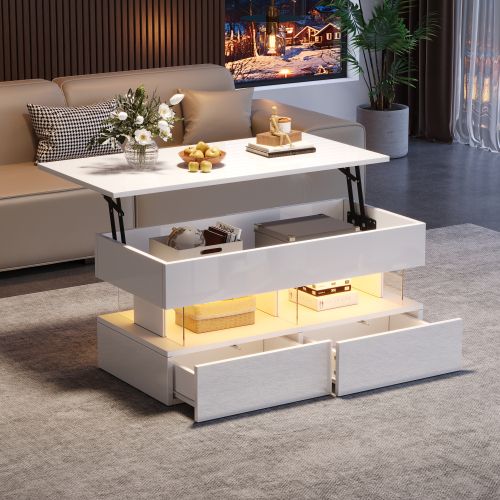 Table Basse Relevable-avec Plateau Réglable En Hauteur-table Brillante Avec LED-verre Trempé-blanc