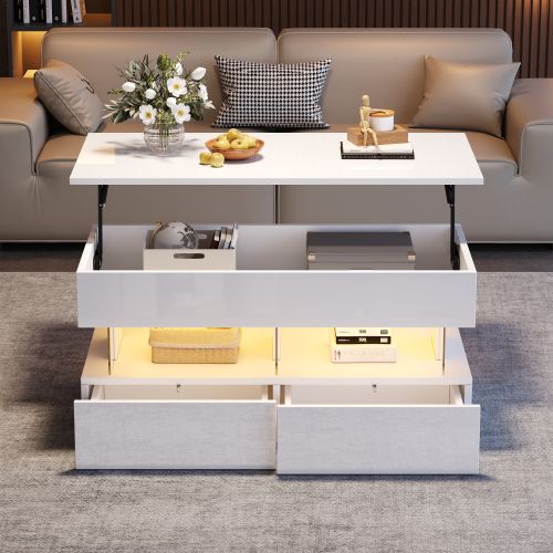 Table Basse Relevable-avec Plateau Réglable En Hauteur-table Brillante Avec LED-verre Trempé-blanc