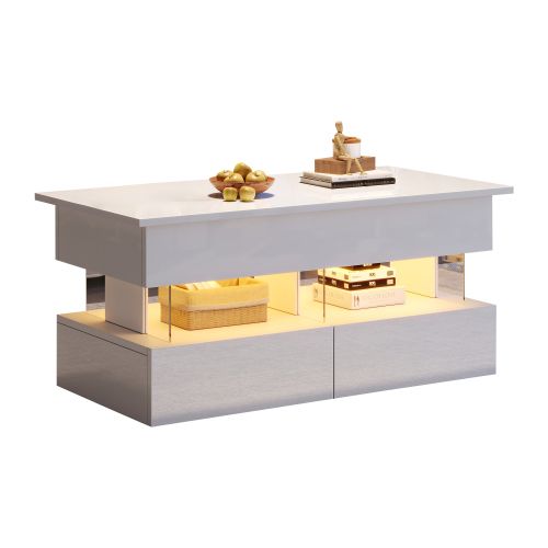 Table Basse Relevable-avec Plateau Réglable En Hauteur-table Brillante Avec LED-verre Trempé-blanc