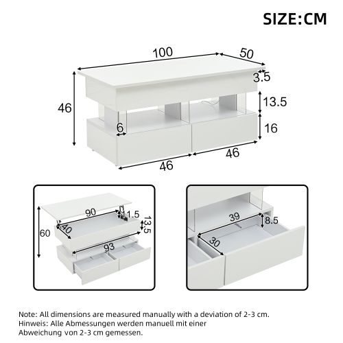 Table Basse Relevable-avec Plateau Réglable En Hauteur-table Brillante Avec LED-verre Trempé-blanc