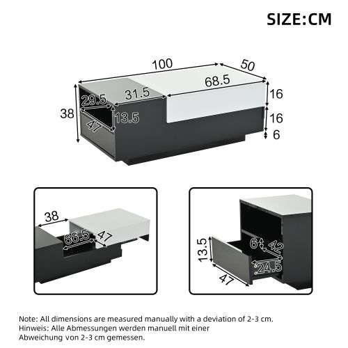 Table Basse Relevable Et Rangements-table De Salon Brillante-avec Plateau Coulissant-noir+ Blanc