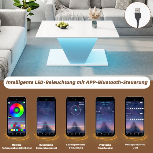 Table Basse Haute Brillance-en Forme De V-table De Salon Avec Lumières LED-blanc