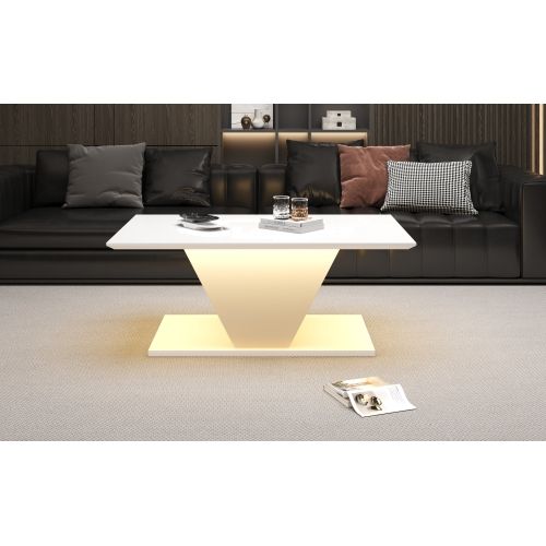 Table Basse Haute Brillance-en Forme De V-table De Salon Avec Lumières LED-blanc