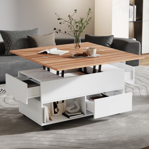 Table Basse Relevable-table De Canapé Réglable En Hauteur-avec Espace De Rangement-blanc + Bois