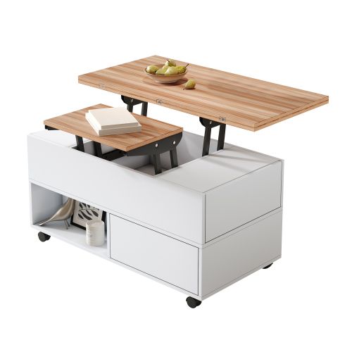 Table Basse Relevable-table De Canapé Réglable En Hauteur-avec Espace De Rangement-blanc + Bois