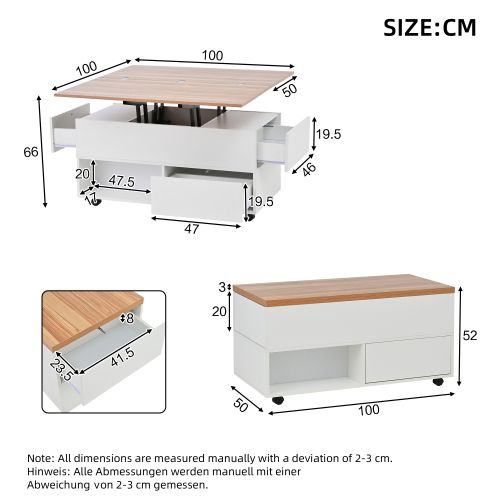 Table Basse Relevable-table De Canapé Réglable En Hauteur-avec Espace De Rangement-blanc + Bois