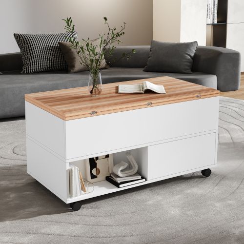 Table Basse Relevable-table De Canapé Réglable En Hauteur-avec Espace De Rangement-blanc + Bois