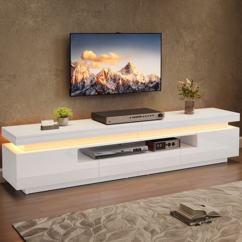 Meuble TV 175cm-meuble De Salon Brillant Avec LED-table TV Jusqu'à 75 Pouces-blanc
