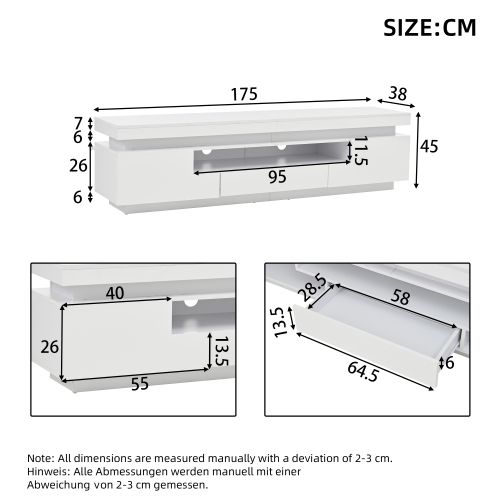 Meuble TV 175cm-meuble De Salon Brillant Avec LED-table TV Jusqu'à 75 Pouces-blanc