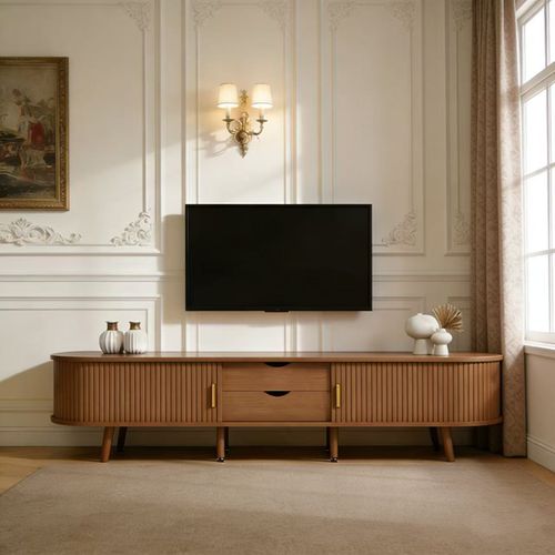 Meuble TV De Salon 175cm-plateau Rond-avec Portes Télescopiques-tv 75 Pouces-noyer