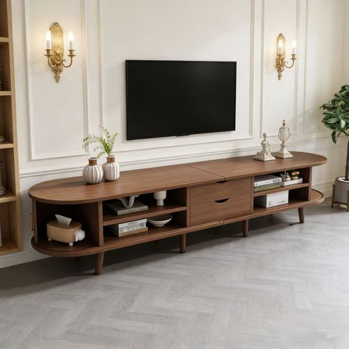 Meuble TV De Salon 175cm-plateau Rond-avec Portes Télescopiques-tv 75 Pouces-noyer