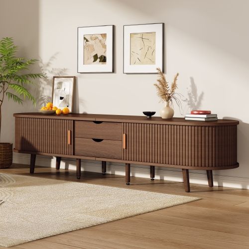 Meuble TV De Salon 175cm-plateau Rond-avec Portes Télescopiques-tv 75 Pouces-noyer