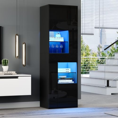 Vitrine 55*38*170cm-avec 1 Tiroir Et 4 Compartiments-en Verre Avec Éclairage LED-noir