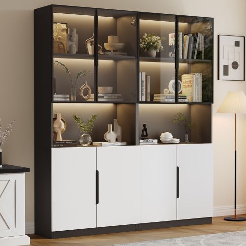 Vitrine LED Avec Portes Vitrées-étagère Pour Objets De Collection-luminosité Réglable-noir Et Blanc