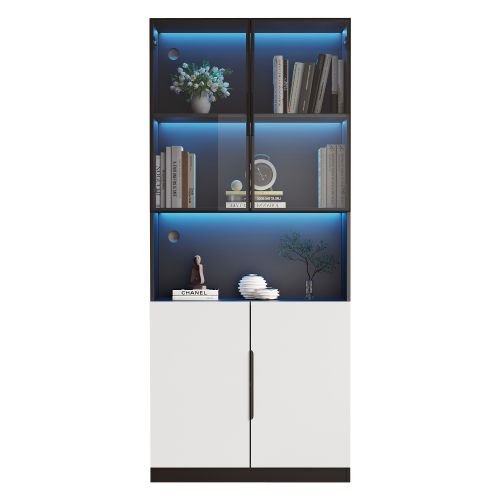 Vitrine LED Avec Portes Vitrées-étagère Pour Objets De Collection-luminosité Réglable-noir Et Blanc
