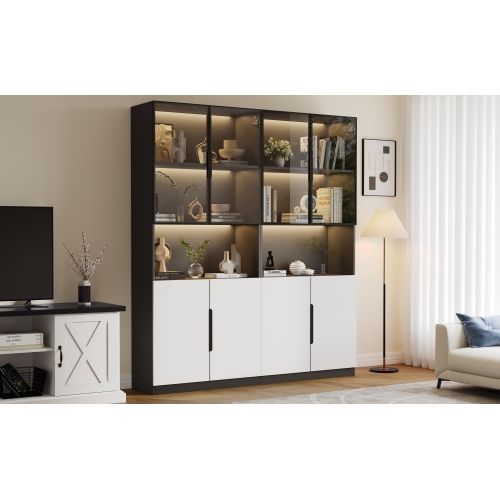 Vitrine LED Avec Portes Vitrées-étagère Pour Objets De Collection-luminosité Réglable-noir Et Blanc