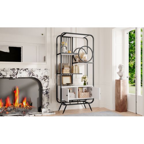 Vitrine En Métal 80x30x180cm -pieds Hauts En Métal-décoration Ronde- Blanc + Noir