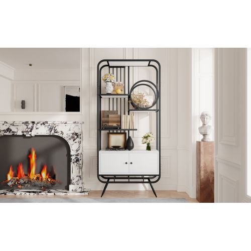 Vitrine En Métal 80x30x180cm -pieds Hauts En Métal-décoration Ronde- Blanc + Noir