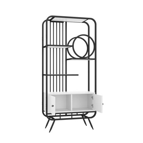 Vitrine En Métal 80x30x180cm -pieds Hauts En Métal-décoration Ronde- Blanc + Noir