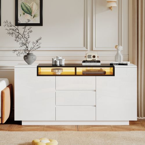 Buffet De Salon Avec 2 Portes En L-avec Séparateurs Réglables Et Éclairage LED-blanc Et Noir