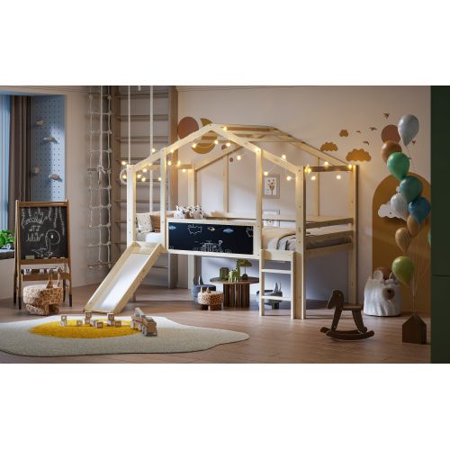 Lit Mezzanine 90x200cm-avec Échelle De Sécurité Et Toboggan De Sécurité,panneau Graffiti-bois