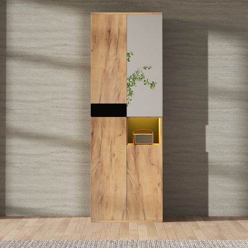 Vitrine Multifonctionnelle-armoire Avec Miroir-un Compartiment De Rangement Ouvert-noir Et Naturel