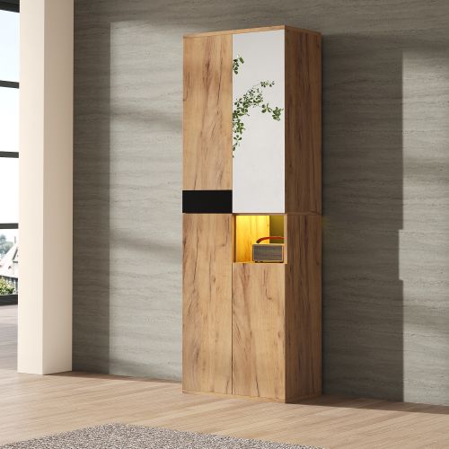 Vitrine Multifonctionnelle-armoire Avec Miroir-un Compartiment De Rangement Ouvert-noir Et Naturel