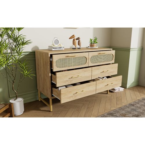 Commode Avec 6 Tiroirs En Rotin - Chêne