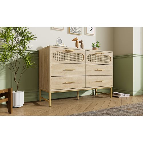 Commode Avec 6 Tiroirs En Rotin - Chêne