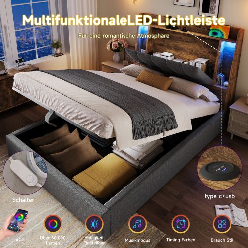 Lit Simple 90x200-cm-charge USB Type-c-rangement-système Hydraulique-éclairage LED-lit Adulte-gris